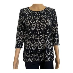 Cato casual tight knit cardigan top M white black geometrical pattern round neck